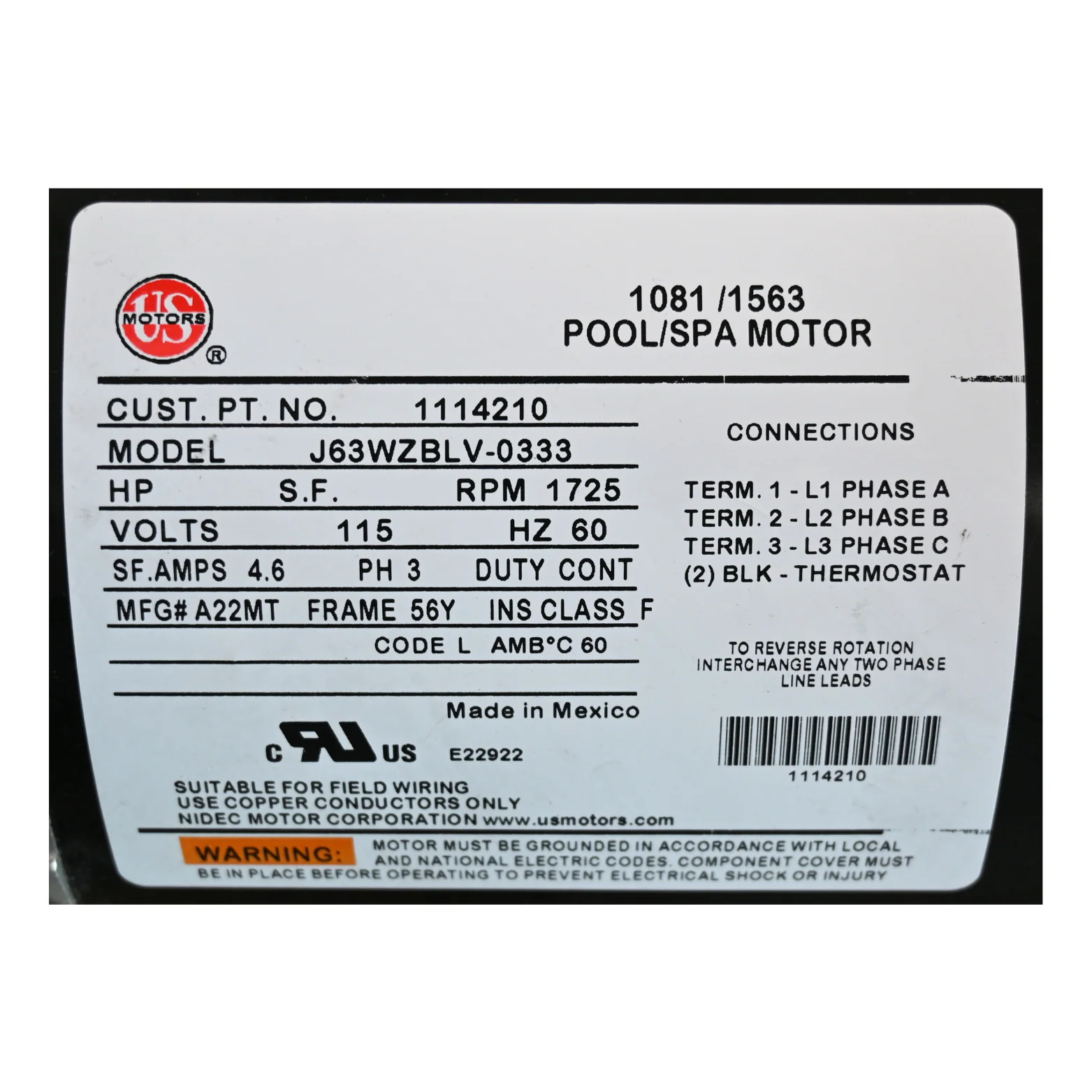 X320548 - Pump, 1 SPD, 115 V, 4.6 A, 56 FR, 60 HZ - Image 5